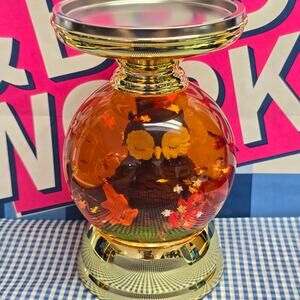 BBW Owl Fall Autumn Leave Water Globe Large 3 Wick Candle Holder Pedestal